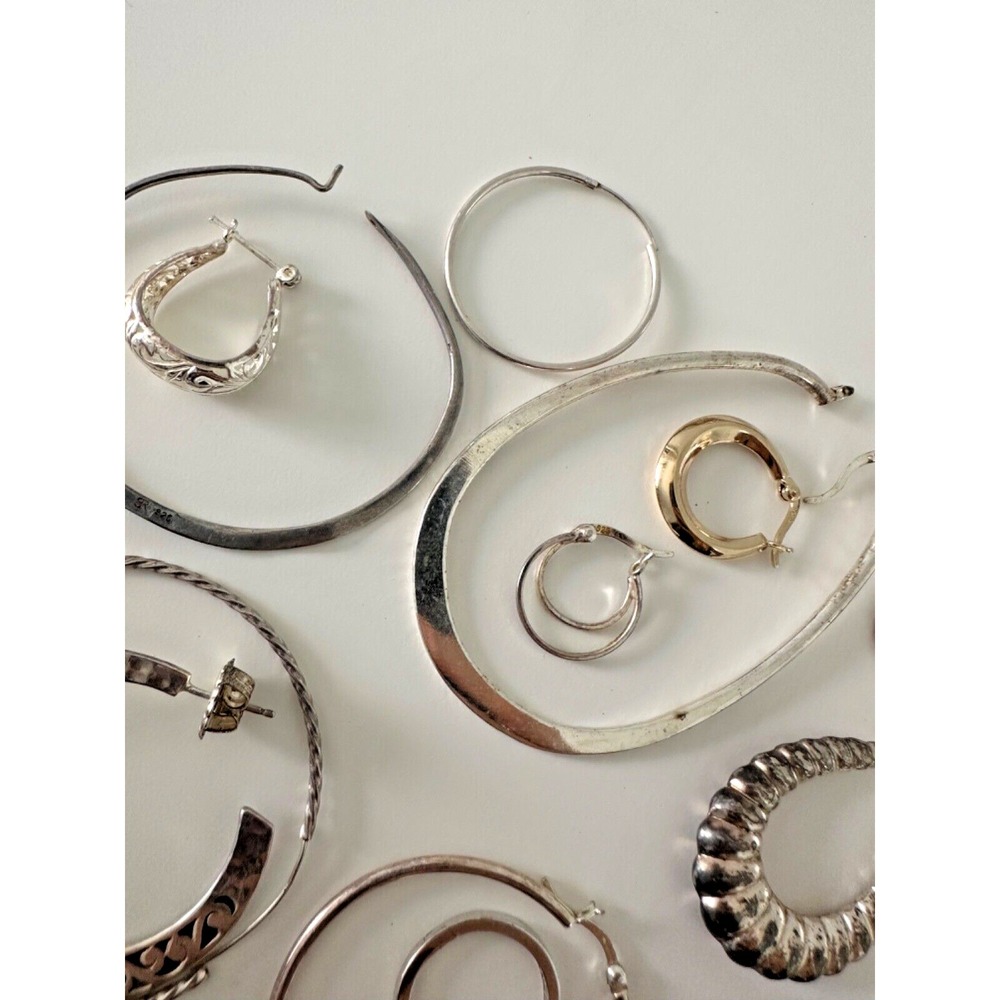 Sterling Silver SINGLE EARRINGS set 22 Hoops 925 Hinged Textured 52 grams - Picture 4 of 11
